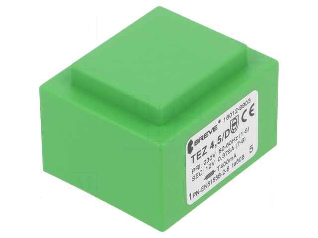 Transformator: ingegoten; 4,5VA; 230VAC; 12V; 375mA; PCB; IP00; TEZ Transformator: ingegoten; 4,5VA; 230VAC; 12V; 375mA; PCB; IP00; TEZ